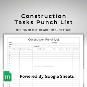 Construction Punch Out List Google Sheets Labor Hours and Tasks Form Template Text Editable Contractor Snag List Printable in US Letter Size