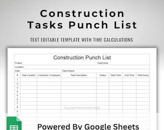 Construction Punch Out List Google Sheets Labor Hours and Tasks Form Template Text Editable Contractor Snag List Printable in US Letter Size