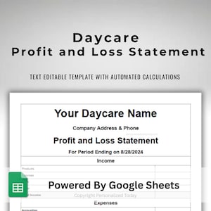 Daycare Profit and Loss Childcare Business Income Summary Small Business Bookkeeping Form Auto Calculated Google Sheets Template Letter Size