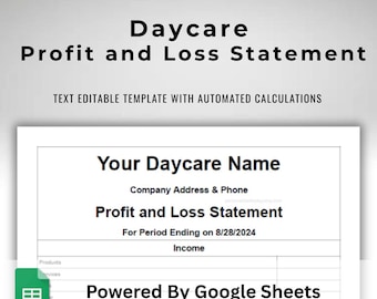 Daycare Profit and Loss Childcare Business Income Summary Small Business Bookkeeping Form Auto Calculated Google Sheets Template Letter Size