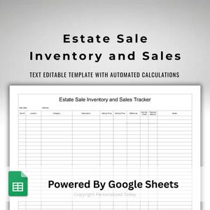 Może przedstawiać: Biały dokument zatytułowany "Estate Sale Inventory and Sales Tracker" z siatką na szczegóły pozycji. Tekst u góry brzmi "Estate Sale Inventory and Sales" i "TEXT EDITABLE TEMPLATE WITH AUTOMATED CALCULATIONS". Tekst na dole brzmi "Powered By Google Sheets".