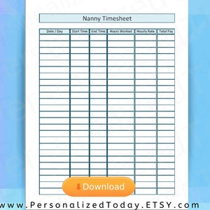 Printable Nanny Time Sheet US Letter Size 8.5 x 11 Inches | Etsy