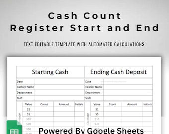 Cash In and Out Money Start and End Cash Drawer Count Cash Register Open and Close Cash Count Sheet Google Sheets Template US Letter Size