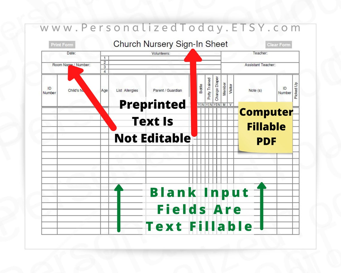 Church Nursery Sign in Sheet Fillable and Print and Write PDF Files US