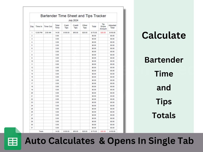 Google Sheets Bartender Time Sheet & Tips Tracker Template Google