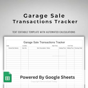 Garage Sale Transactions Tracker Google Sheets Editable Spreadsheet Template Text Fillable With Automatic Calculations