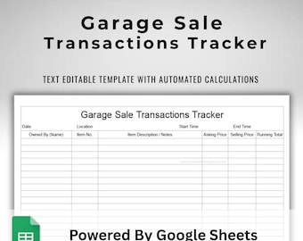 Garage Sale Transactions Tracker Google Sheets Editable Spreadsheet Template Text Fillable With Automatic Calculations