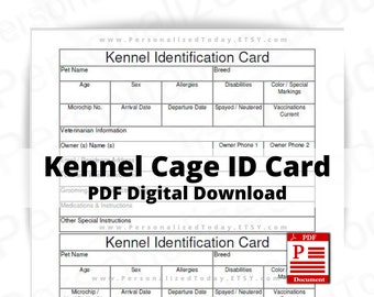 Printable Kennel Identification Cards For Dog Sitter, Groomer or Daycare Print and Write and Fillable PDF Digital Downloads US Letter Size
