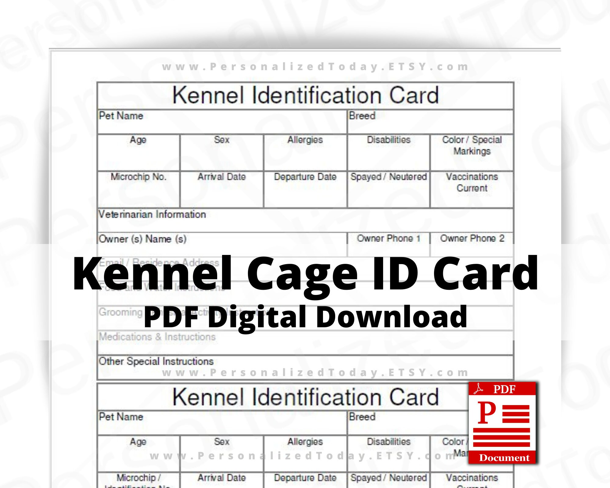 Printable Kennel Identification Cards for Dog Sitter Groomer - Etsy