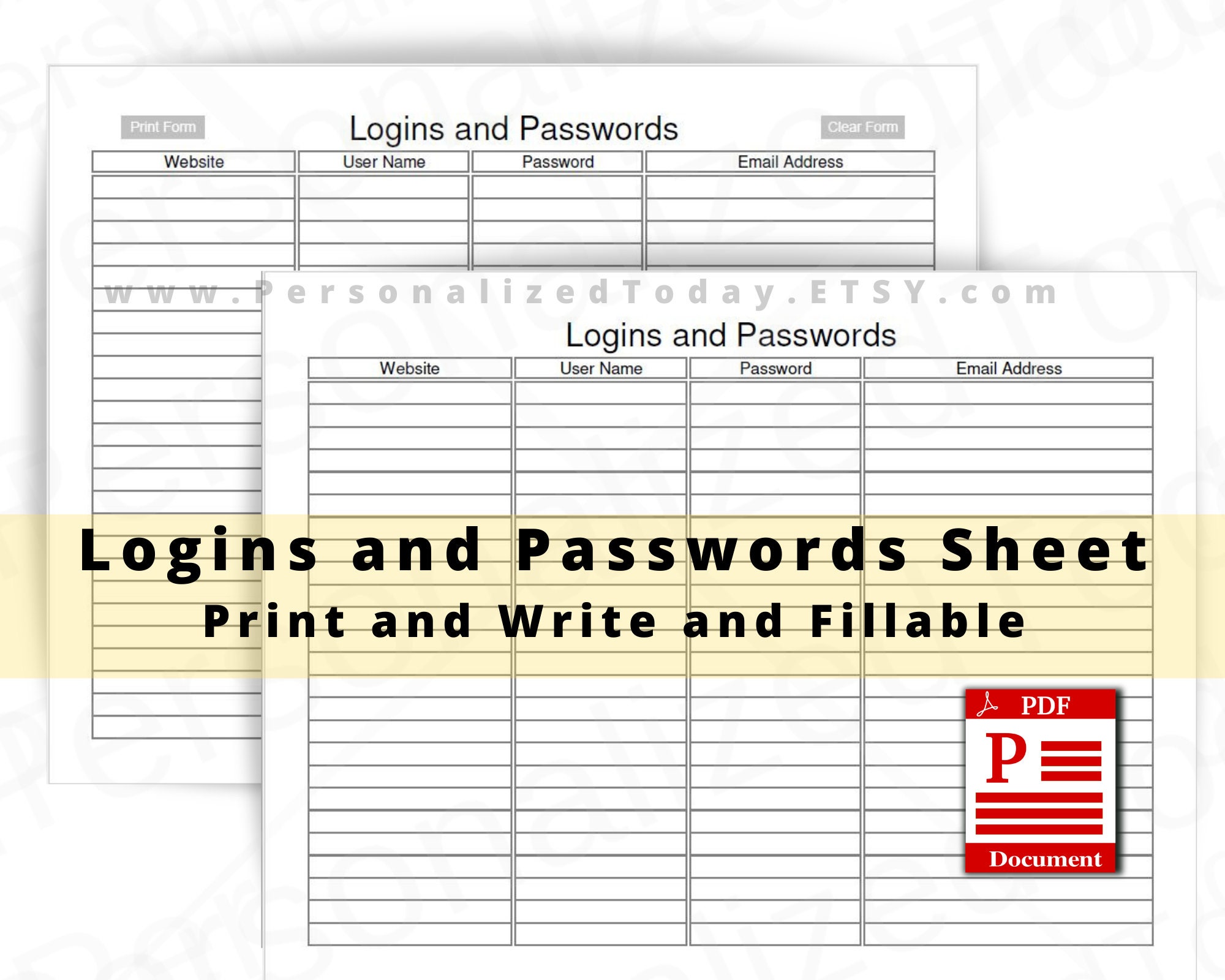 Logins and Passwords Sheet Fillable and Print and Write PDF Etsy