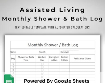 Assisted Living Monthly Shower / Bath Log Google Sheets Text Editable / Text Fillable Spreadsheet Template