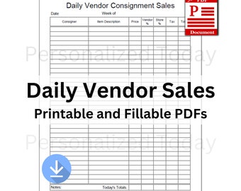 PDF Daily Vendor Consignment Sales Tracker Printable Only & Text Fillable Digital Downloads US Letter Size Not Fully Editable Templates