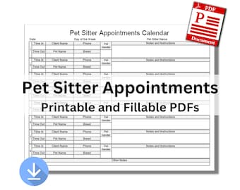 PDF Daily Pet Sitter Appointments Calendar Printable & Text Fillable US Letter Size Digital Download Files Not Fully Editable Templates
