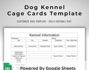 Google Sheets Kennel Crate Card Template For Pet Care and Emergency Information Text Editable / Fillable and Printable Forms - 2 Per Page