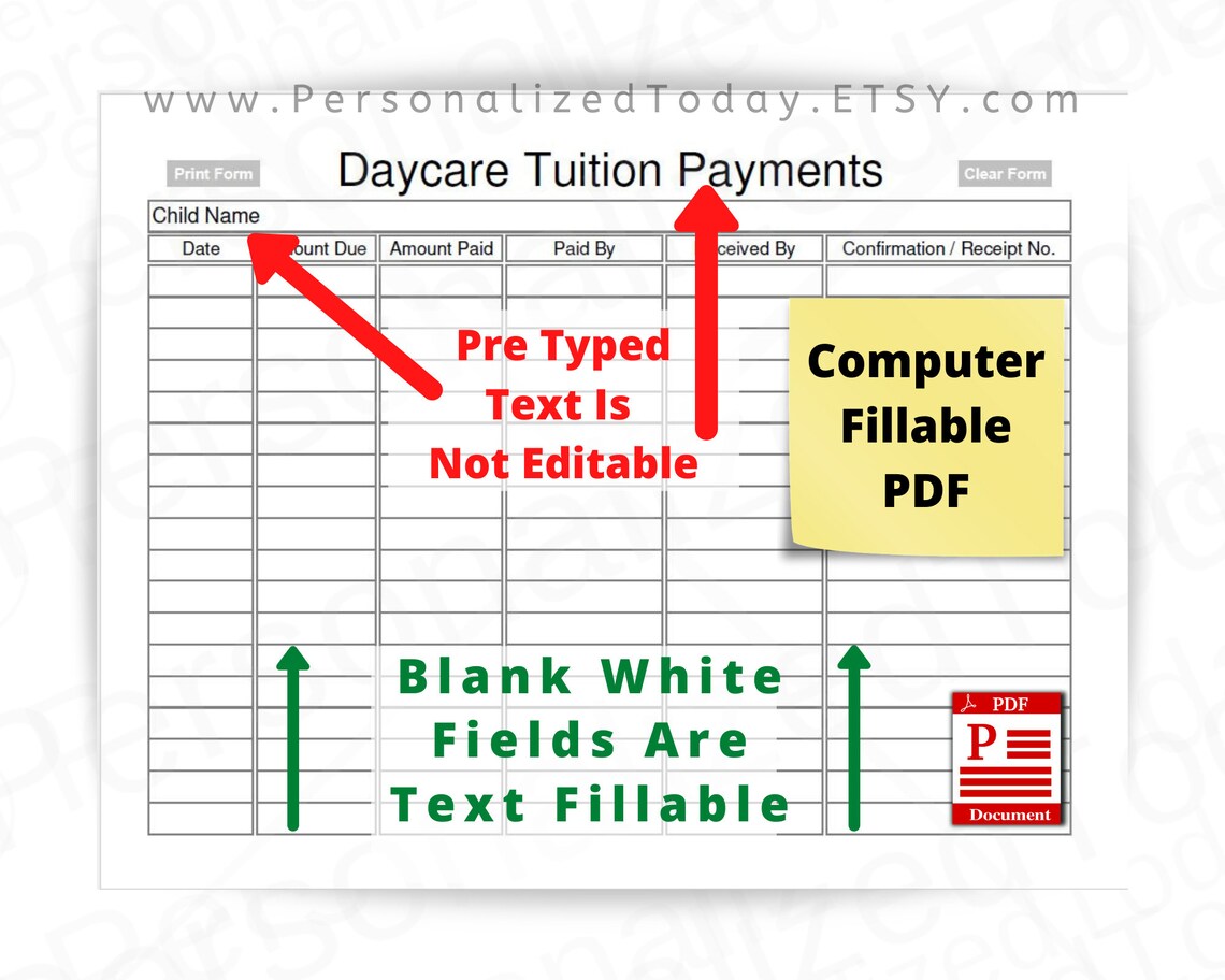 Daycare Tuition Payments Log Fillable and Print and Write PDF - Etsy