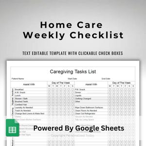 Daily Weekly Homecare Checklist Elder Home Caregiver Tasks Chart Text Editable Google Sheets US Letter Size Printable Horizontal Landscape