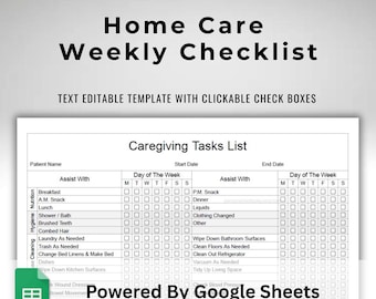Daily Weekly Homecare Checklist Elder Home Caregiver Tasks Chart Text Editable Google Sheets US Letter Size Printable Horizontal Landscape