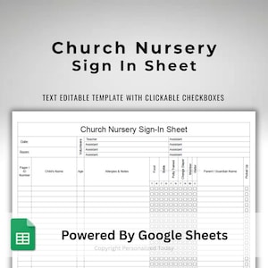 Church Nursery Sign In Sheet Text Editable Google Sheets Template - US Letter Size Printable - Clickable Check Boxes - Kids Church Check In