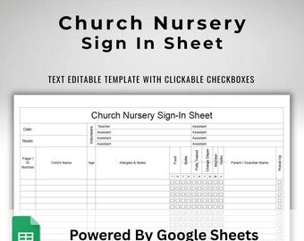 Church Nursery Sign In Sheet Text Editable Google Sheets Template - US Letter Size Printable - Clickable Check Boxes - Kids Church Check In