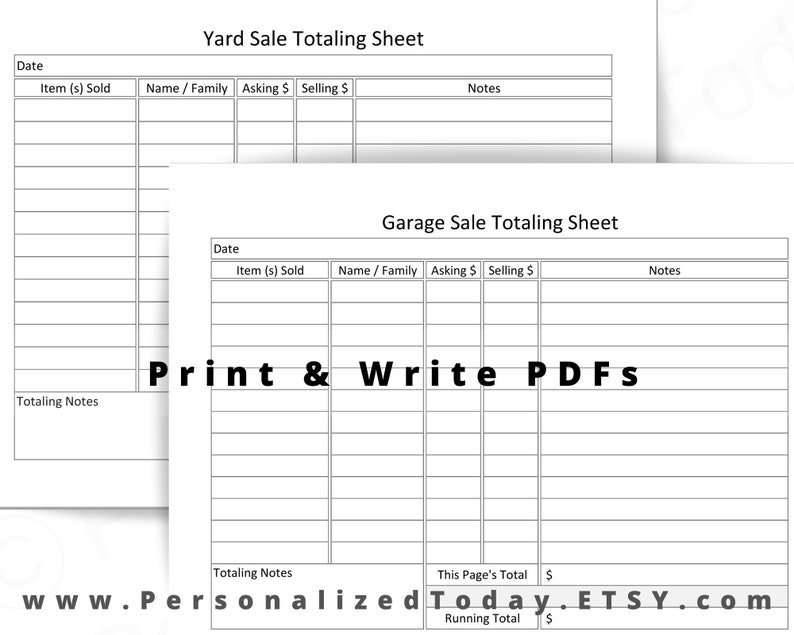 Printable Garage Sale and Yard Sale Money Totaling Sheets PDF - Etsy