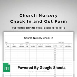 Google Sheets Church Nursery Check In and Out Sheet - Kids Church Intake and Release Form - Church Sign In and Out Tracker - Text Editable