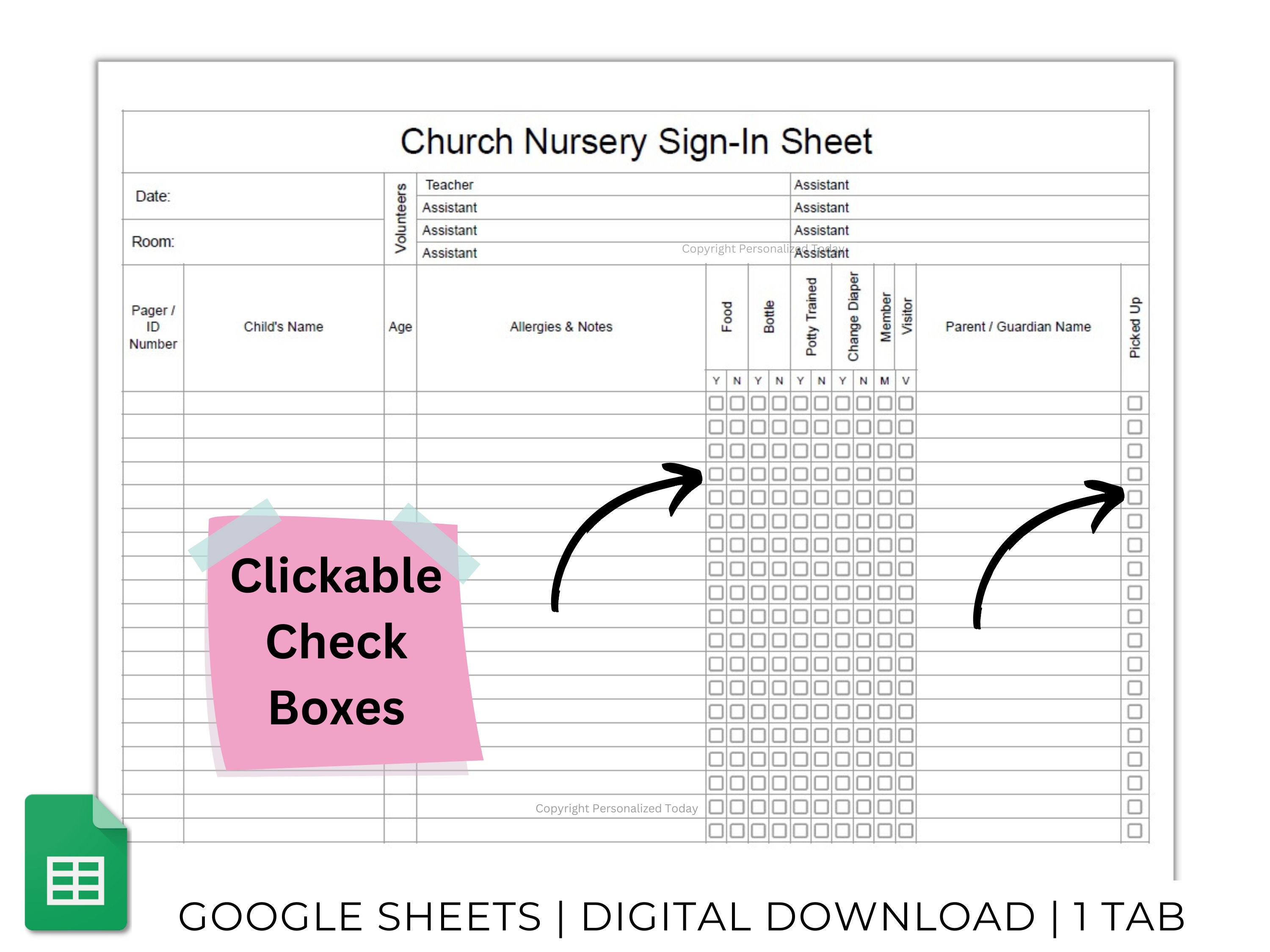 Church Nursery Sign in Sheet Text Editable Google Sheets Template US