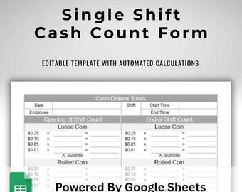 Cash Register Count Single Shift Google Sheets Editable Spreadsheet Template With Open and Close Daily Amount Totals Calculations US Letter
