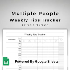 May include: A digital template titled Multiple People Weekly Tips Tracker Editable Template. The document features a grid for tracking employee names, dates, and tip types including cash and credit for each day of the week, powered by Google Sheets.