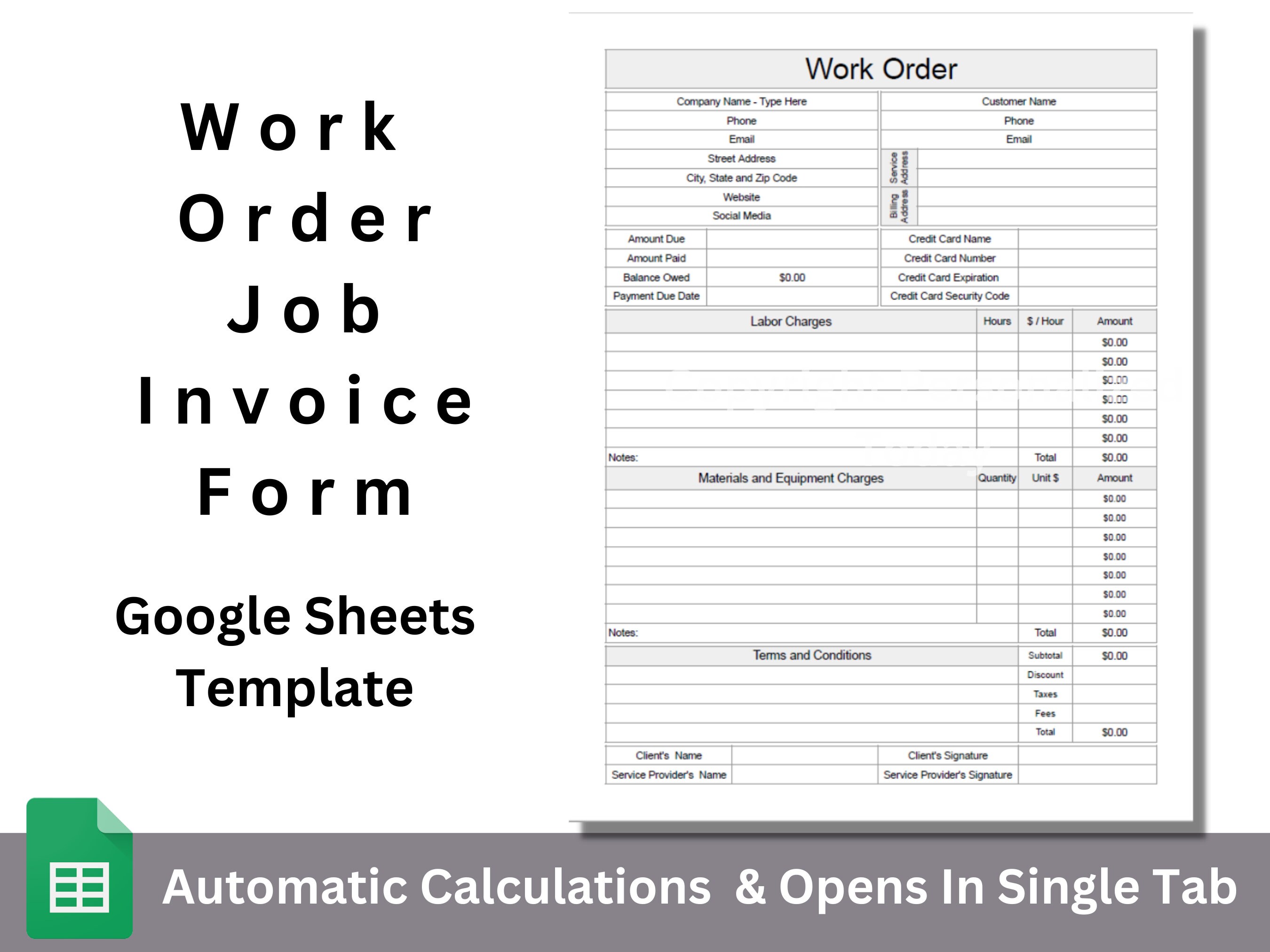 Work Order Job Invoice Google Sheets Editable Spreadsheet Template Etsy