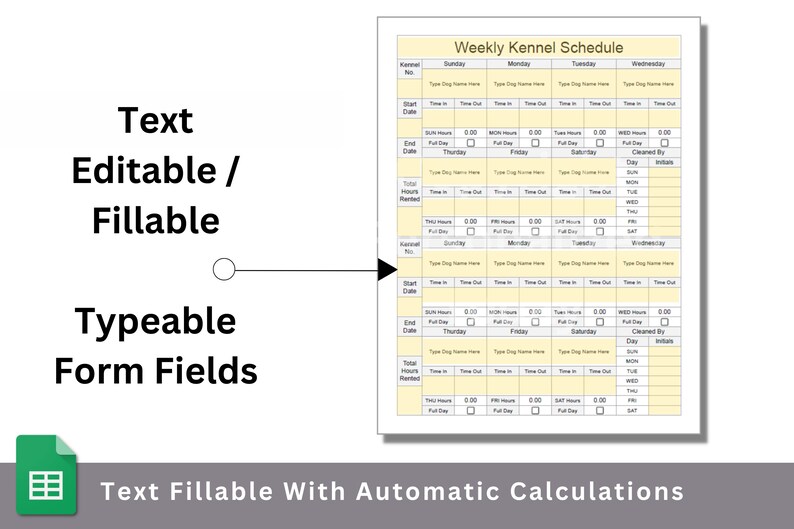 Weekly Dog Kennel Schedule Template Google Sheets Editable Spreadsheet