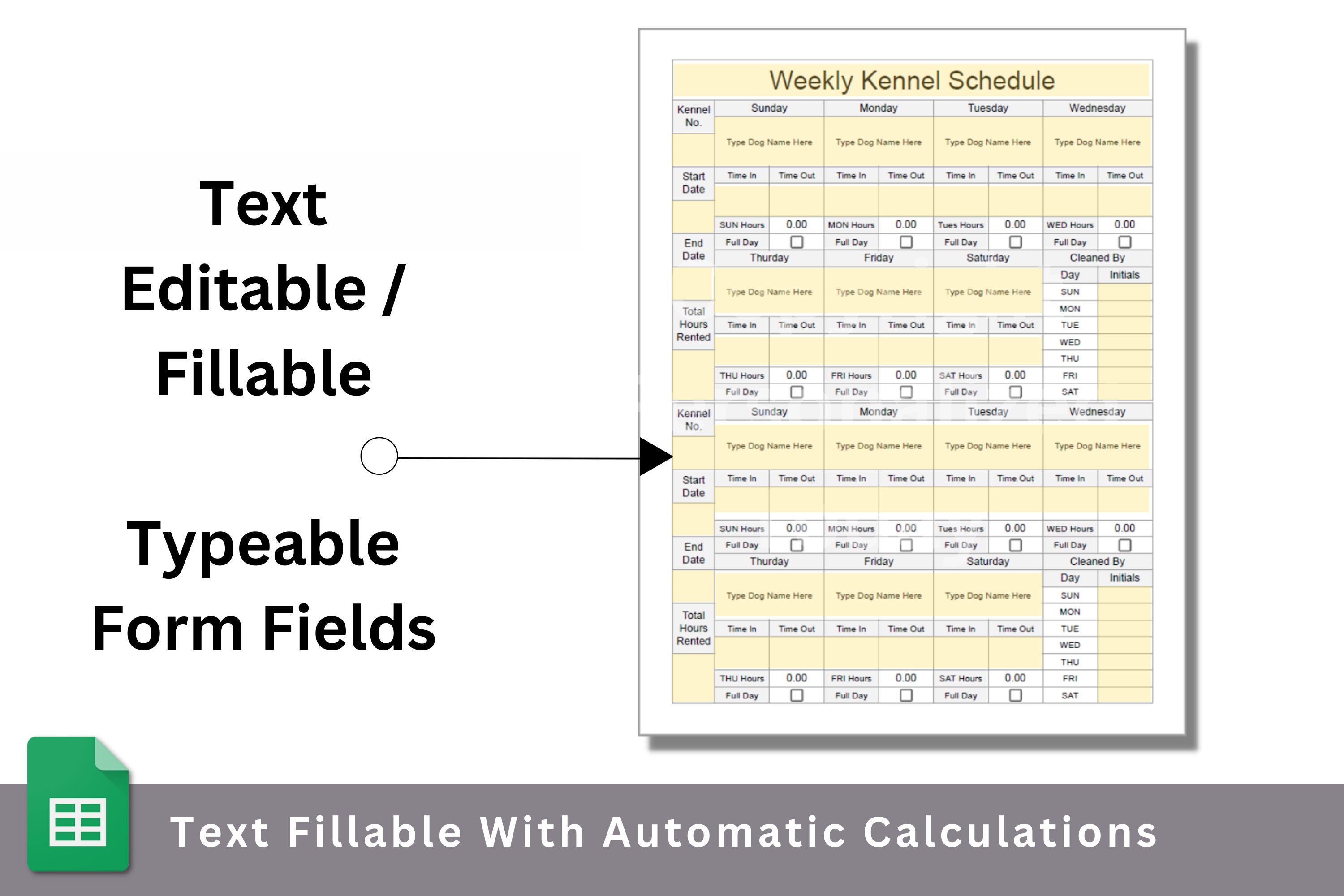 Weekly Dog Kennel Schedule Template Google Sheets Editable Spreadsheet