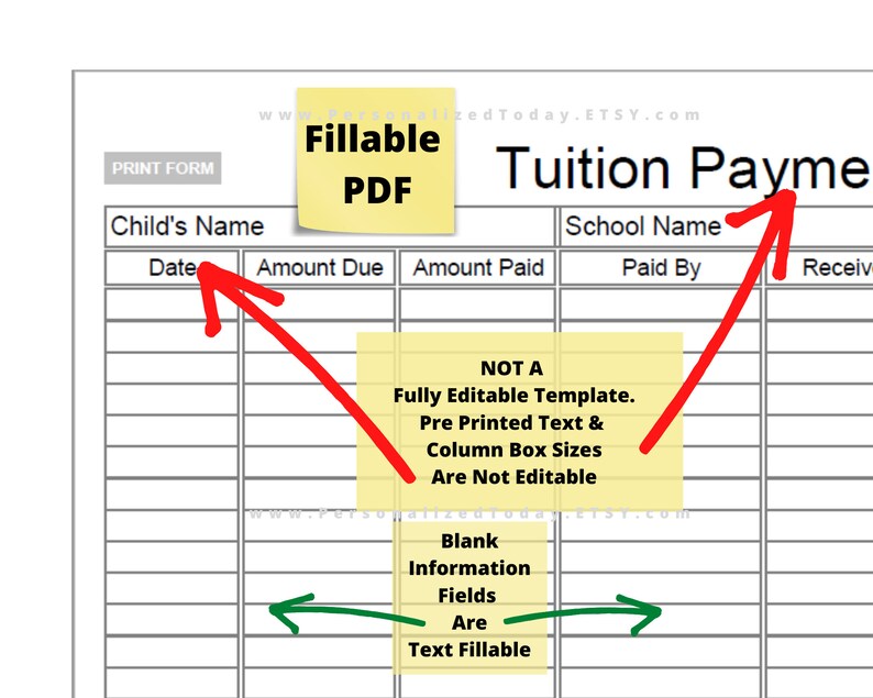 Tuition Payments Tracker Printable Only and Text Input - Etsy