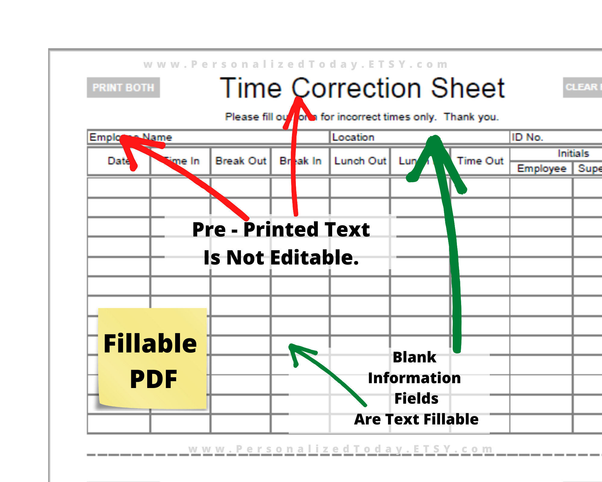 Employee Work Time Correction Sheet Printable and Fillable PDF Digital ...