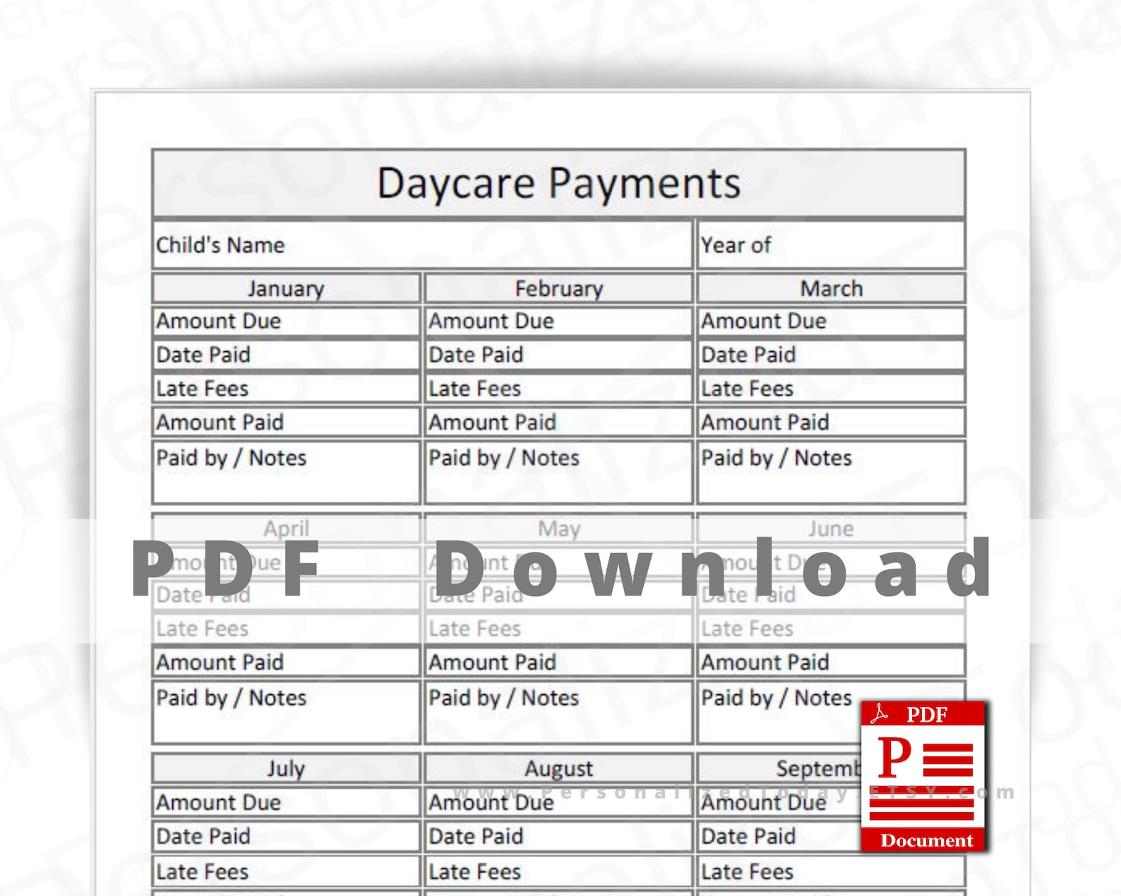Daycare Payments Log Print and Write and Fillable PDF Digital Etsy