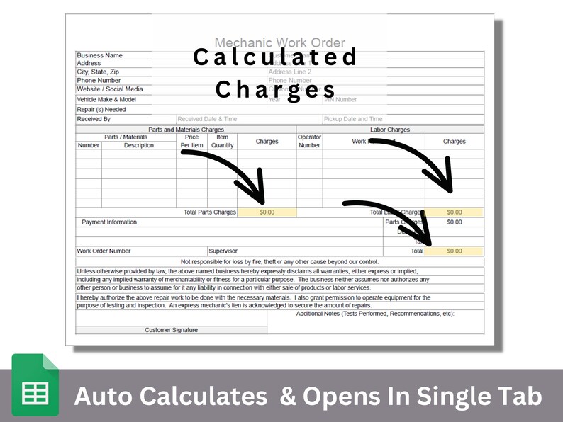 Work Order Charges Mechanic Work Order Automotive Invoice Google Sheets Editable ...