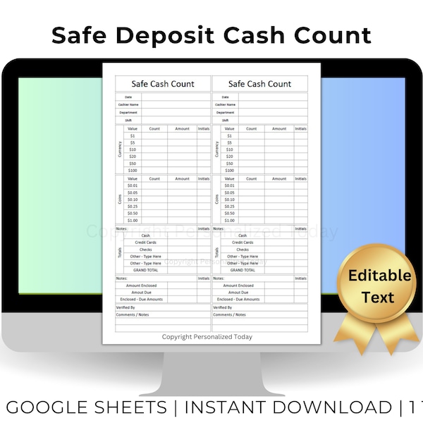 End of Shift Cash Register Safe Deposit Count - Text Editable Google Sheets Template - Cash Breakdown With Automatic Totals Calculations