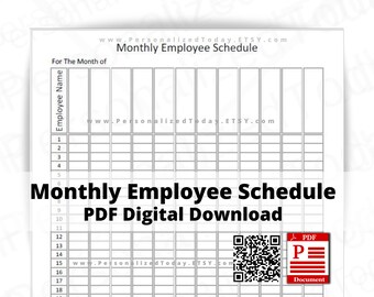 Monthly Employees Work Schedule Sheet Fillable and Printable PDF Digital Download Files US Letter Size