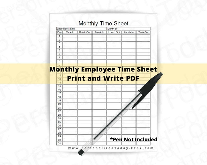 Monthly Employee Timesheet Fillable and Printable PDF Digital | Etsy