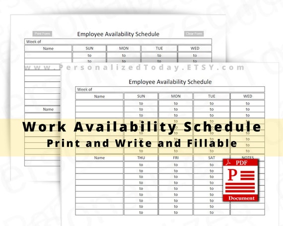 Printable Employee Work Availability Schedule Print and Write - Etsy
