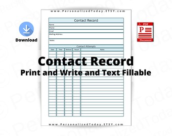 PDF Contact Record Tracker Print and Write and Text Input Fillable Digital Download US Letter Size 8.5 x 11 Inches - NOT Fully Editable