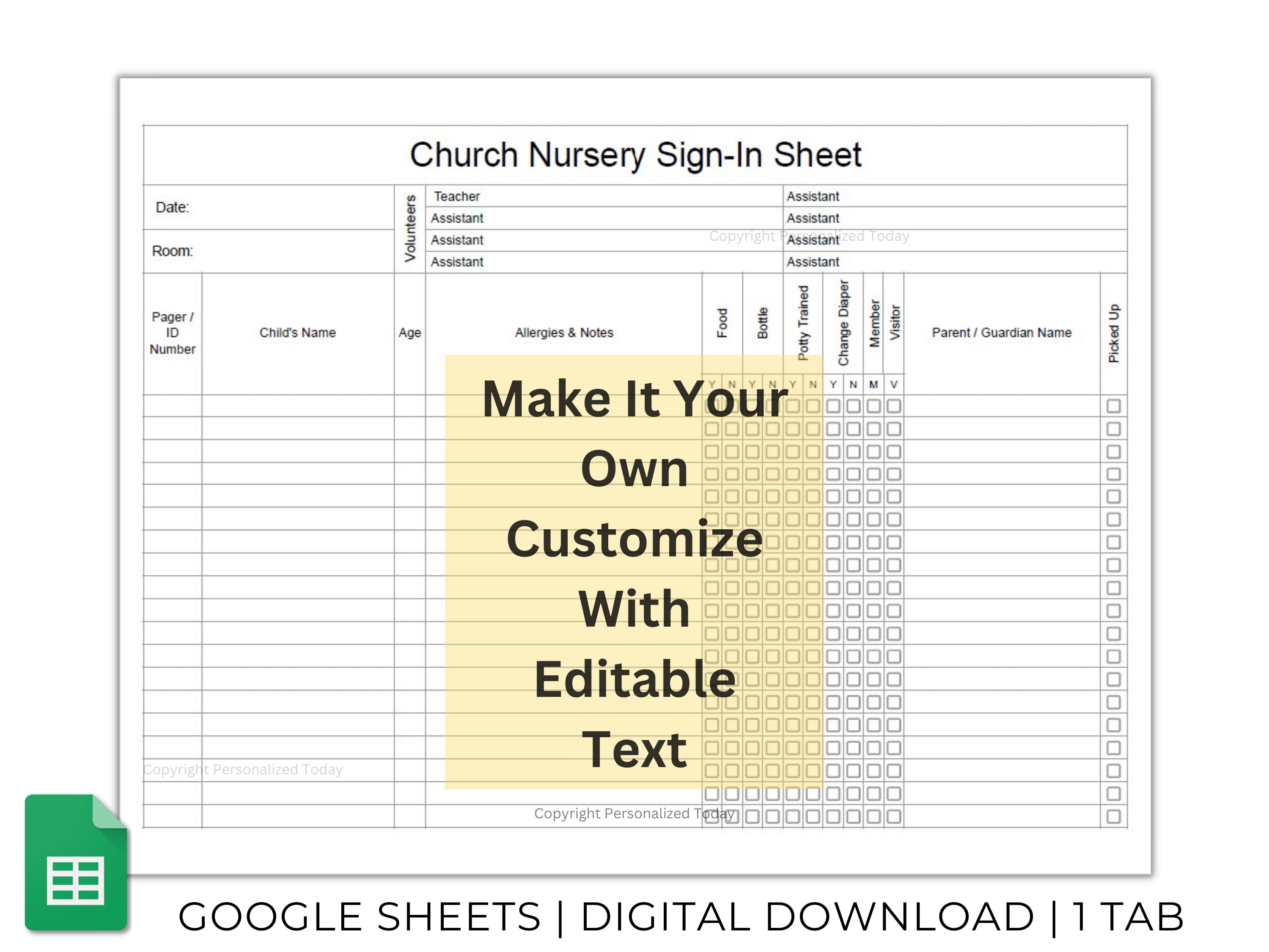Church Nursery Sign in Sheet Text Editable Google Sheets Template US