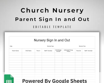 Church Nursery Parent Sign In and Out Form - Sunday School Attendance Sheet - Childcare Badge Tracker - Google Sheets Download