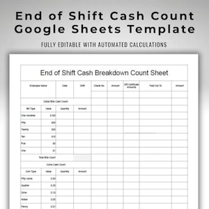 Cash and Checks Daily Report - End of Shift Breakdown - Also Includes Gift Cards - Daily Cash Count Report - Google Sheets Template