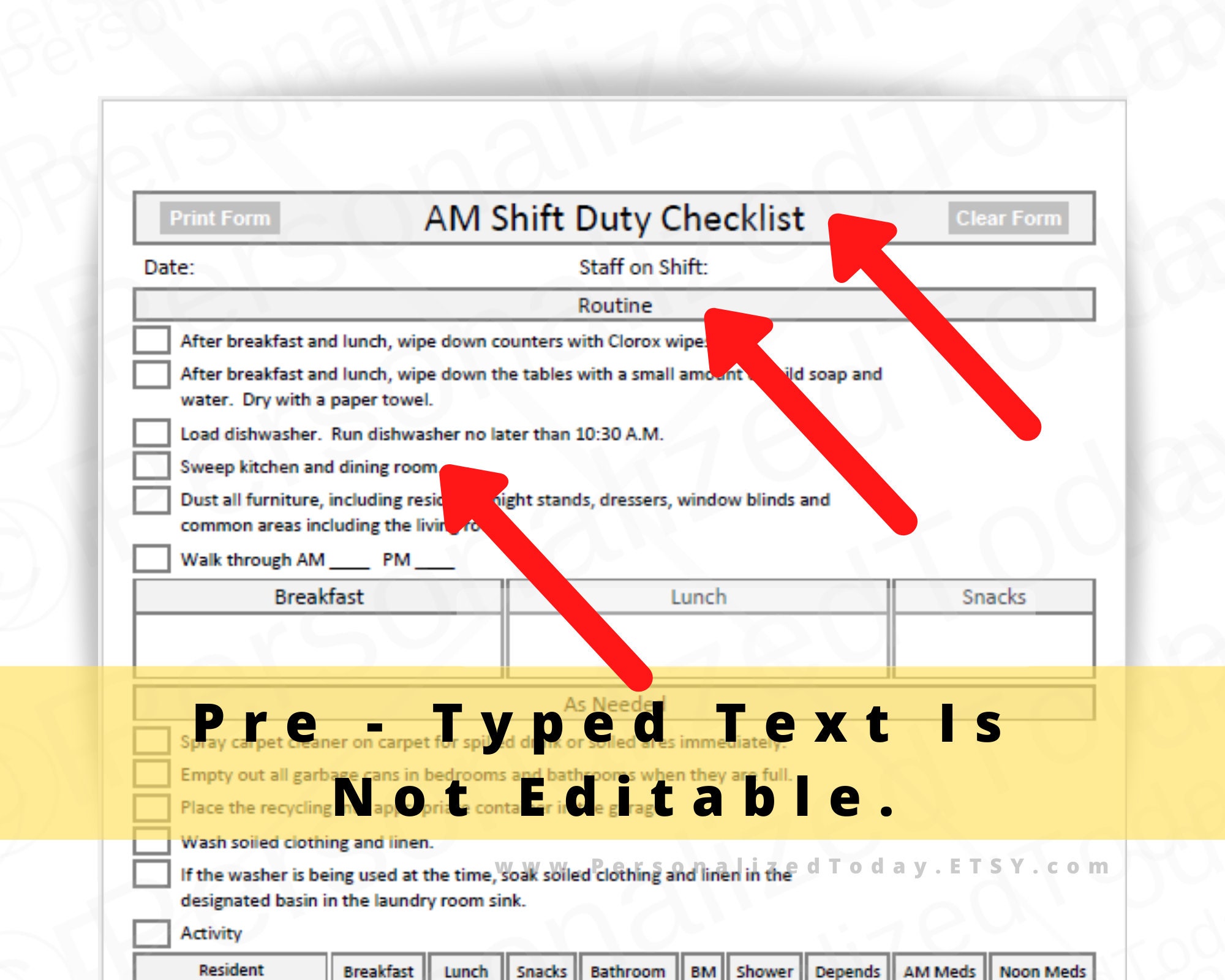 Assisted Living Shift Checklists for A.M., P.M. and NOC Shifts Digital