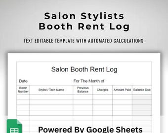 Google Sheets Beauty Salon Booth Rent Log - Hair Stylist Bookkeeping Record - Beautician Payments Spreadsheet -Salon Booth Rental Tracking