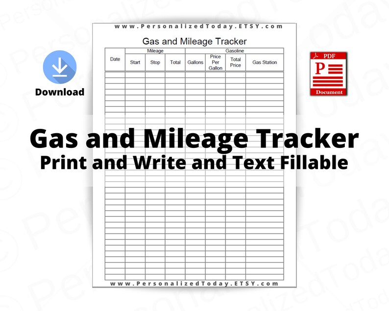 Gas and Mileage Tracker Fillable and Printable PDF Digital Download