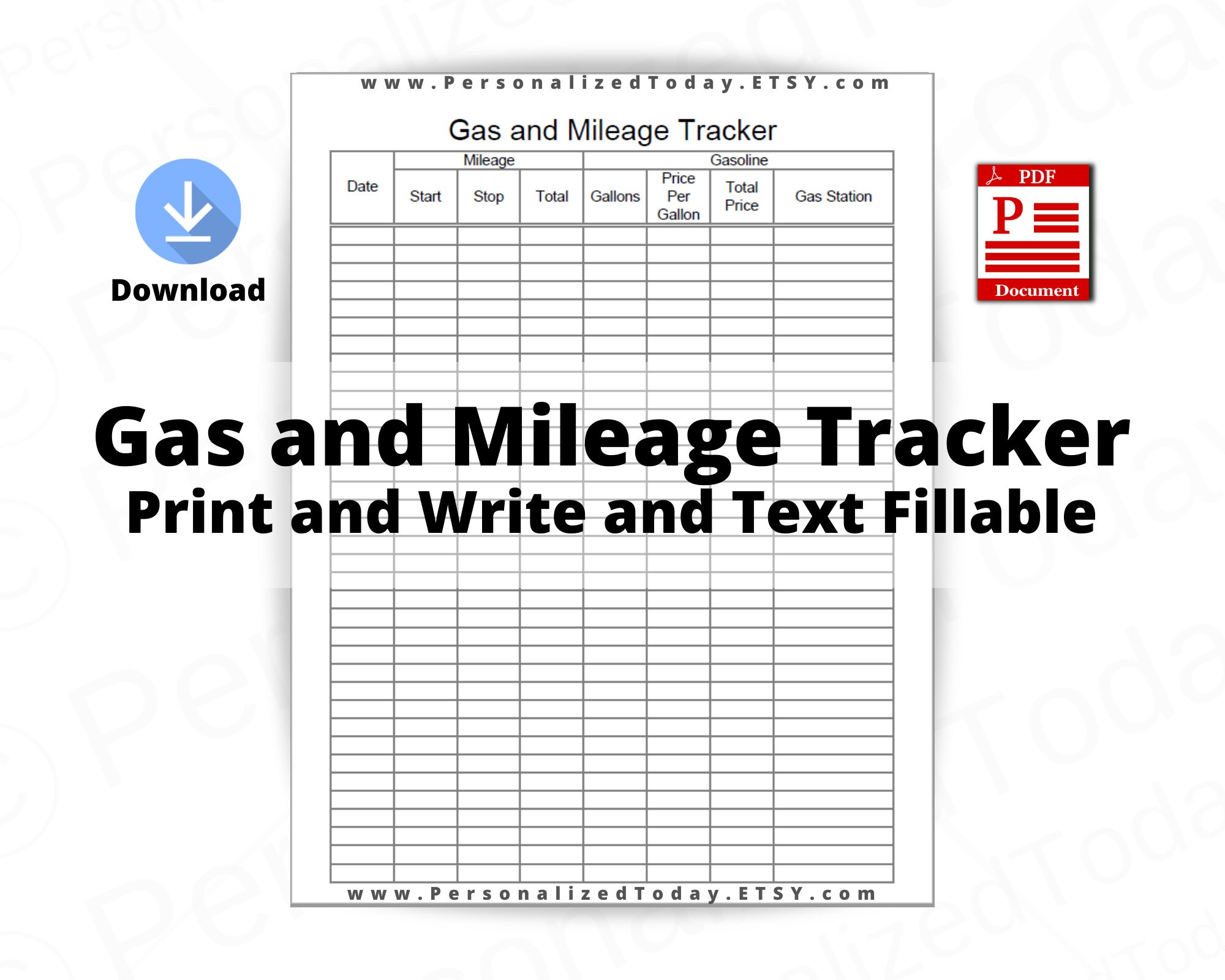 Gas and Mileage Tracker Fillable and Printable PDF Digital Download