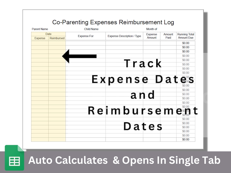 May include: A spreadsheet template for co-parenting expenses. The spreadsheet has columns for date, expense, expense for, expense description, expense amount, amount paid, and running total amount due. The spreadsheet is designed to track expense dates and reimbursement dates. The text "Track Expense Dates and Reimbursement Dates" is written in bold black font. The text "Auto Calculates & Opens In Single Tab" is written in white font on a gray background.