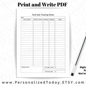 Printable Garage Sale and Yard Sale Money Totaling Sheets PDF - Etsy