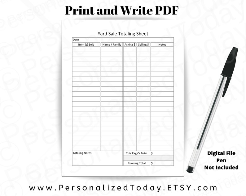 Printable Garage Sale and Yard Sale Money Totaling Sheets PDF - Etsy